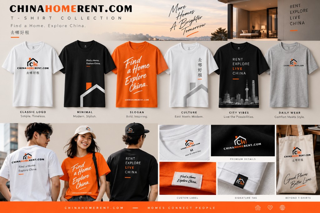 ChinaHomeRent brand story collage: Find a Home Explore China, apparel, lifestyle, and Homes Connect People