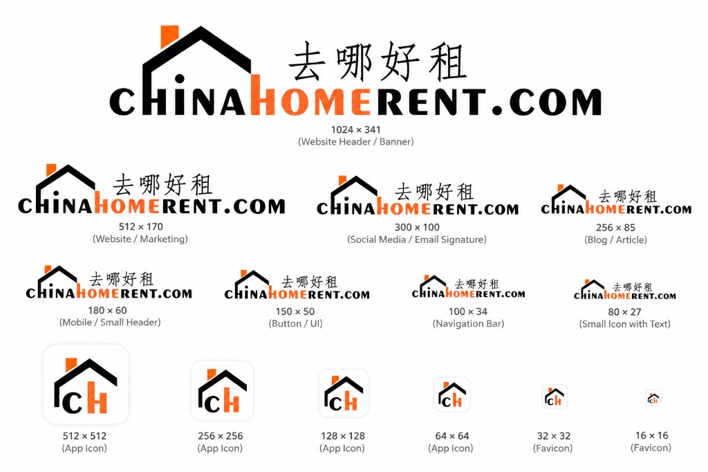 ChinaHomeRent logo system: horizontal wordmark sizes and square ch house icons for web, social, and favicon