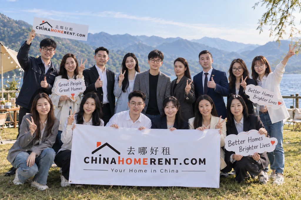 ChinaHomeRent team-building photo by the lake and mountains, holding CHINAHOMERENT.COM banners and mottos Great People Great Homes and Better Homes Brighter Lives